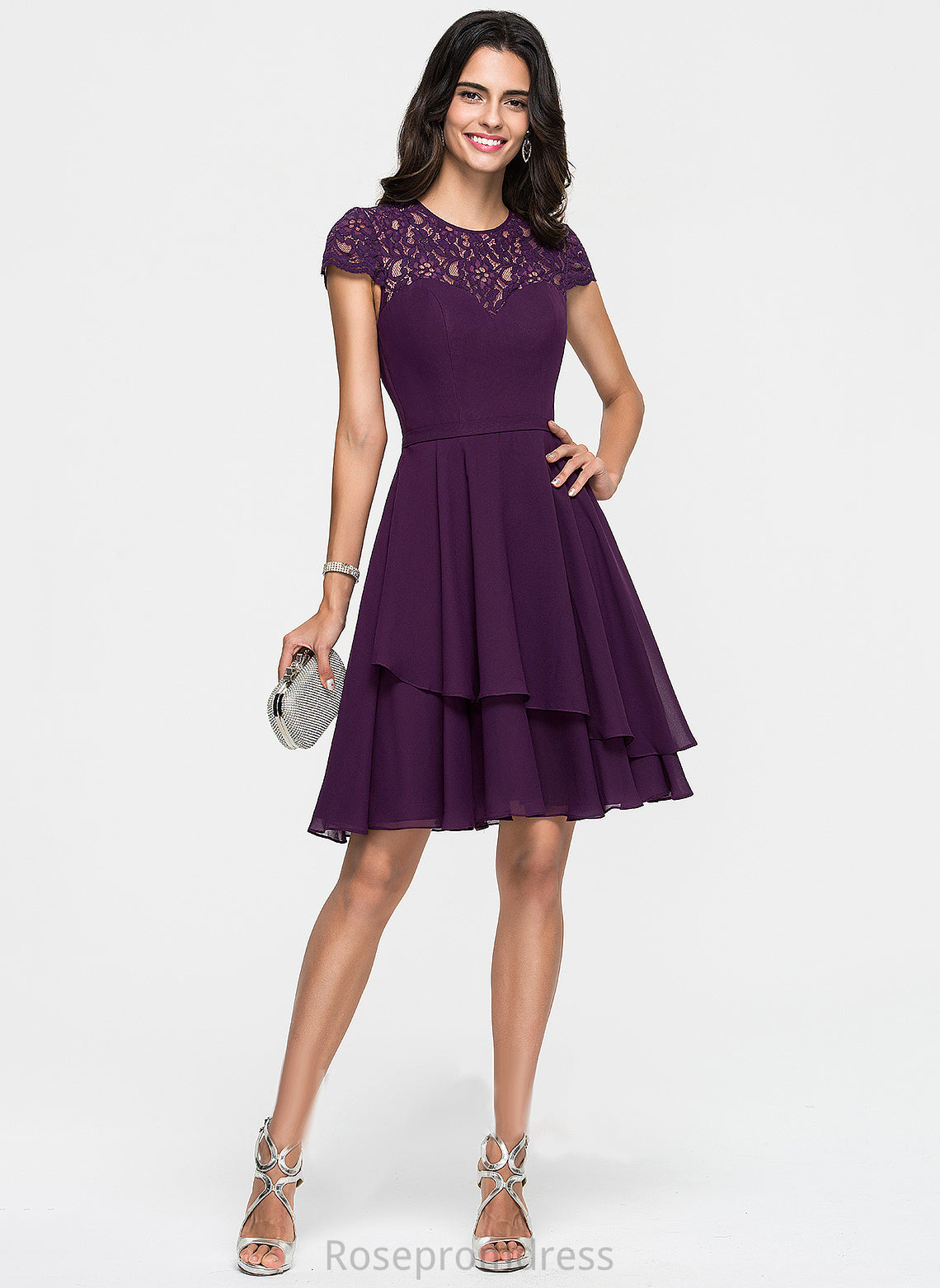 Scoop Lisa With Homecoming Dresses Ruffles Neck Homecoming Lace A-Line Cascading Chiffon Knee-Length Dress