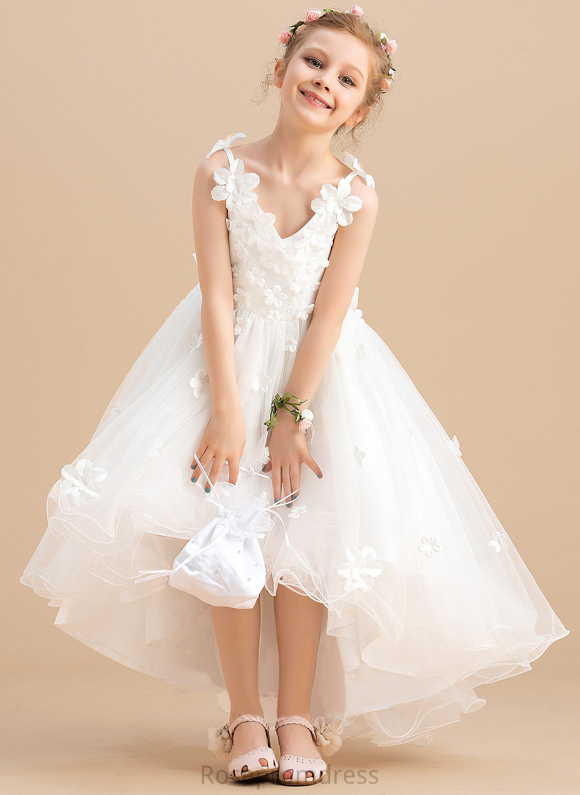 Flower Beading/Flower(s)/Bow(s) Dress Flower Girl Dresses Tulle - With Sleeveless Ball-Gown/Princess V-neck Kate Asymmetrical Girl