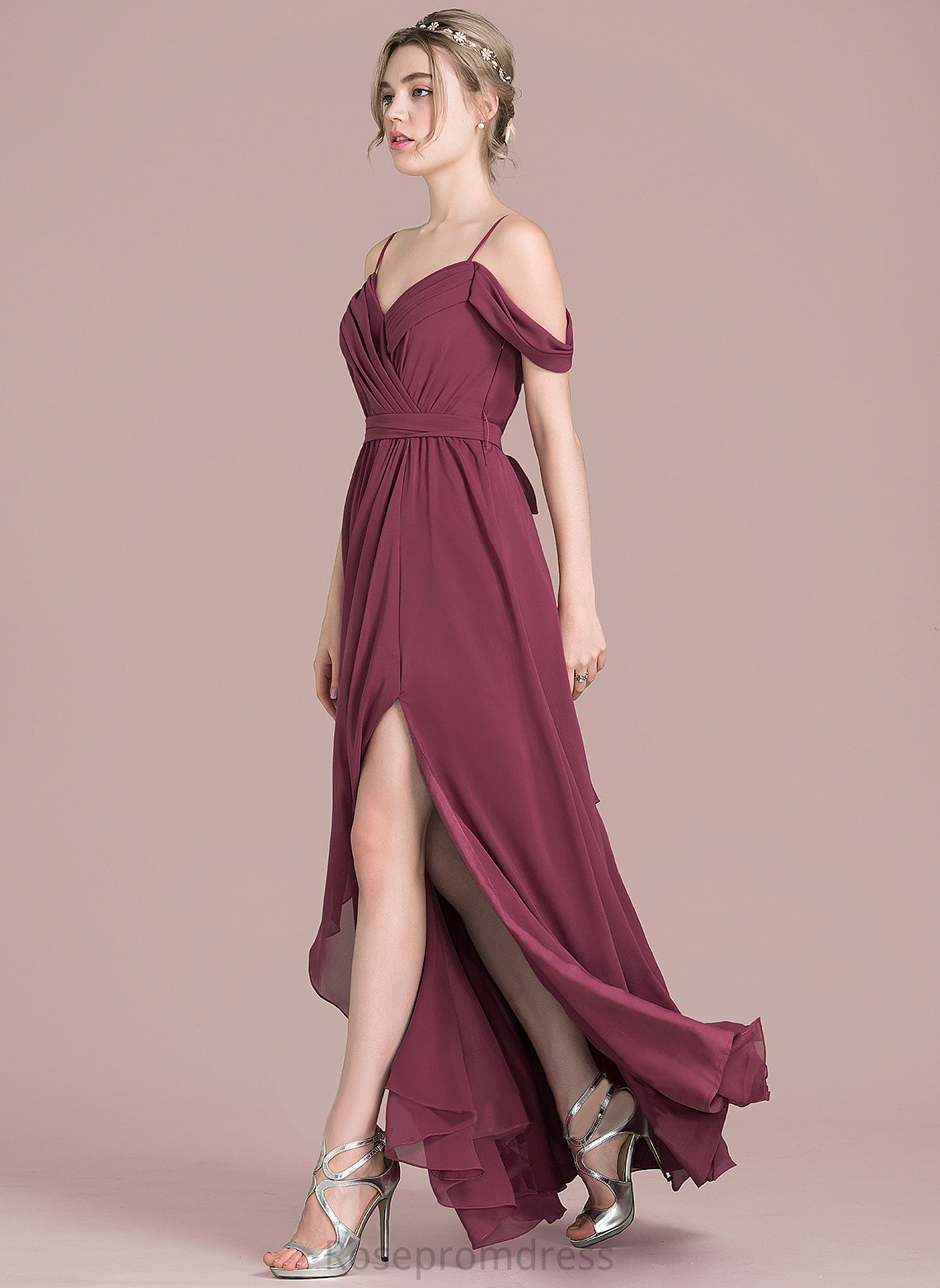 V-neck Cascading Prom Dresses With Amira A-Line Split Floor-Length Front Bow(s) Ruffles Chiffon