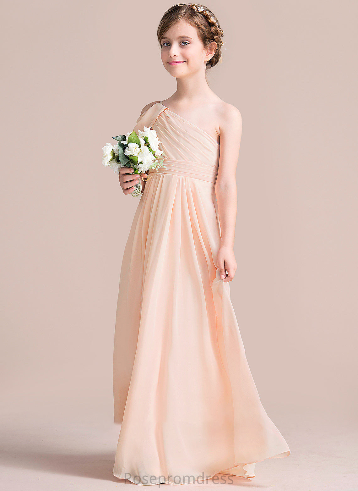 One-Shoulder Monserrat Chiffon With A-Line Floor-Length Ruffle Junior Bridesmaid Dresses