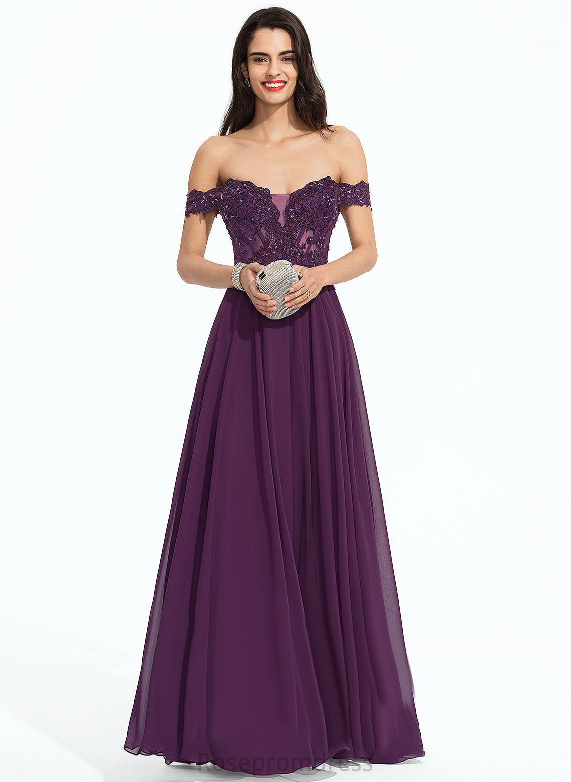 Ball-Gown/Princess Off-the-Shoulder Prom Dresses With Beading Floor-Length Ayla Sequins Lace Chiffon