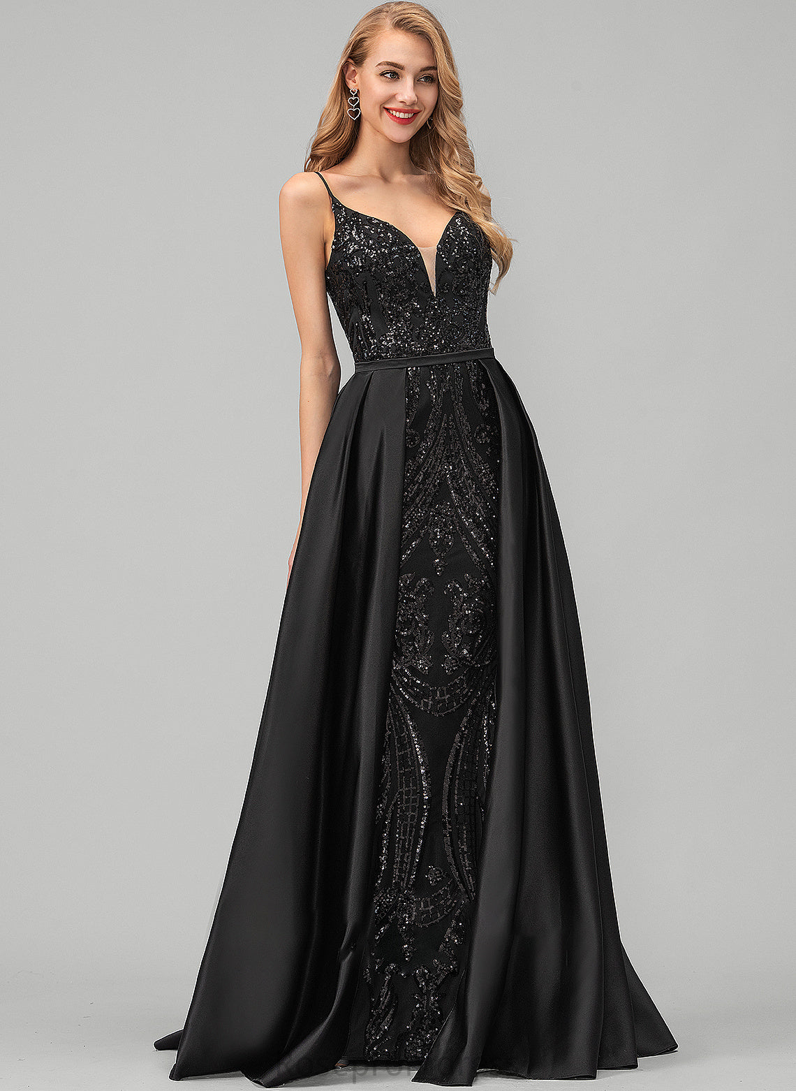 V-neck Satin With Belen Sequins Floor-Length A-Line Prom Dresses