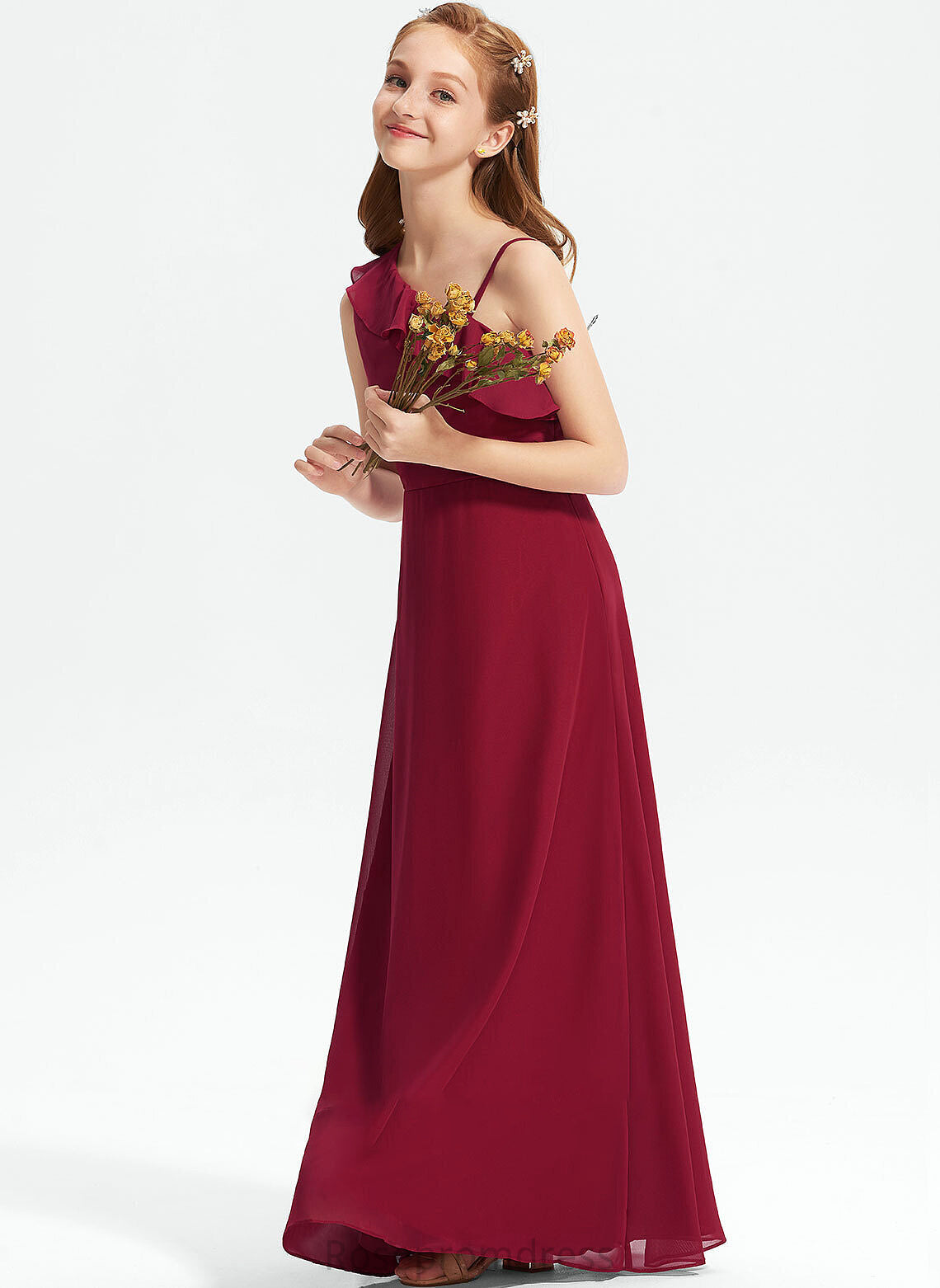 One-Shoulder Floor-Length Ruffles Junior Bridesmaid Dresses Chiffon Jaida With A-Line