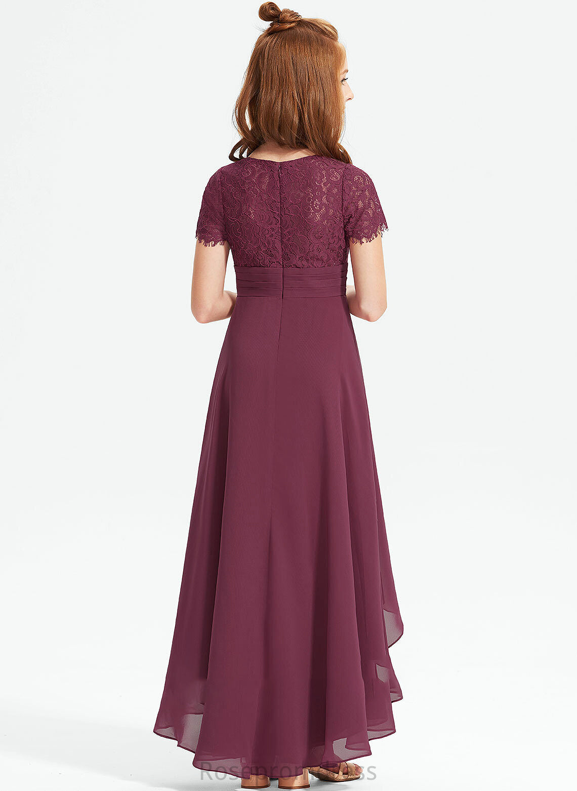 A-Line V-neck Ruffle Junior Bridesmaid Dresses Asymmetrical Katie With Chiffon Lace