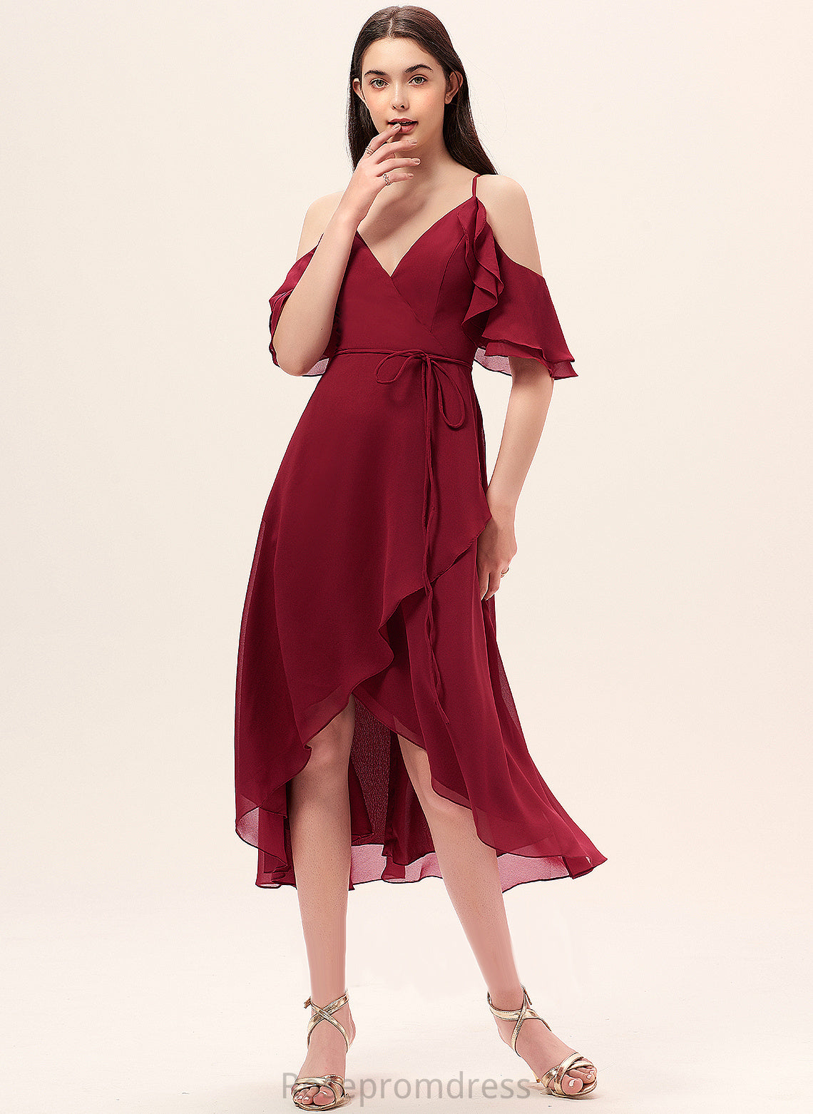 Ruffles Asymmetrical A-Line Cocktail Chiffon Dress Cocktail Dresses V-neck With Catalina Cascading