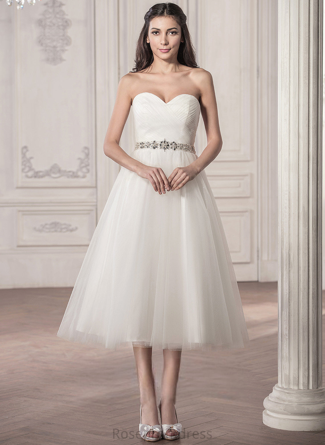 Dress With Sweetheart Sequins Wedding Dresses Beading Ruffle Tulle Wedding Tea-Length Satin A-Line America