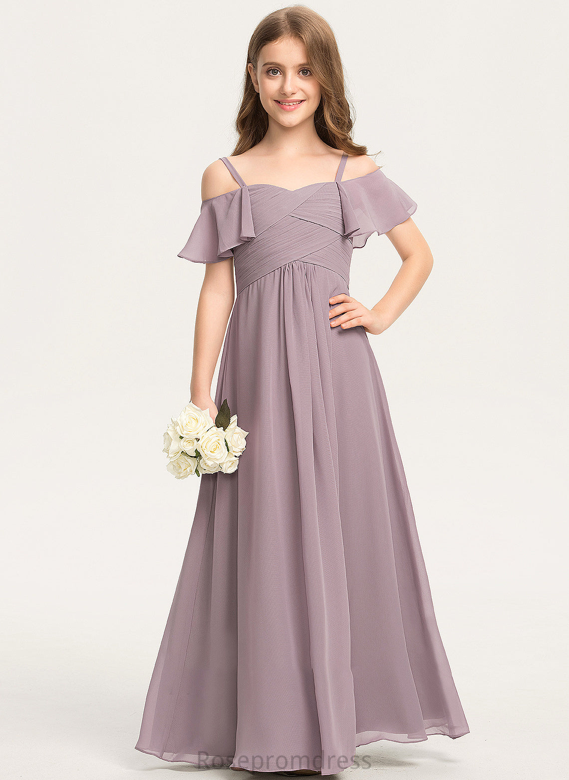 With A-Line Junior Bridesmaid Dresses Mckenzie Chiffon Floor-Length Off-the-Shoulder Ruffle