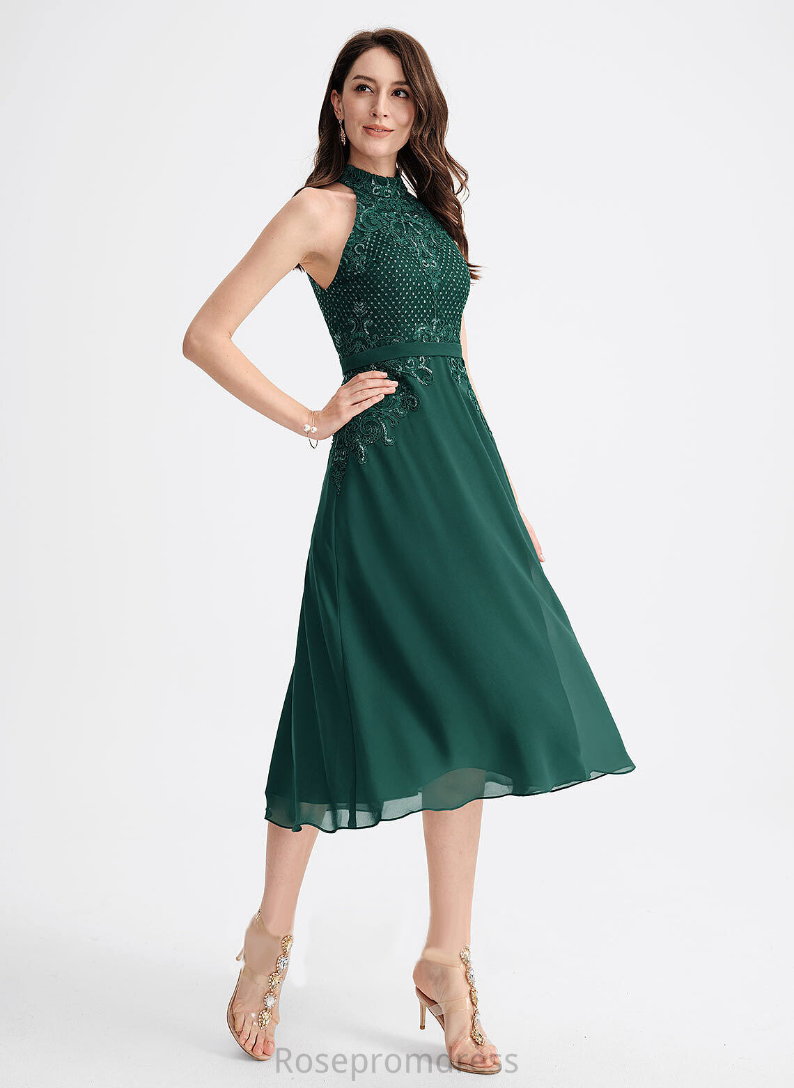 Chiffon Dress A-Line Cocktail Mylee Scoop Tea-Length Sequins With Lace Cocktail Dresses Neck