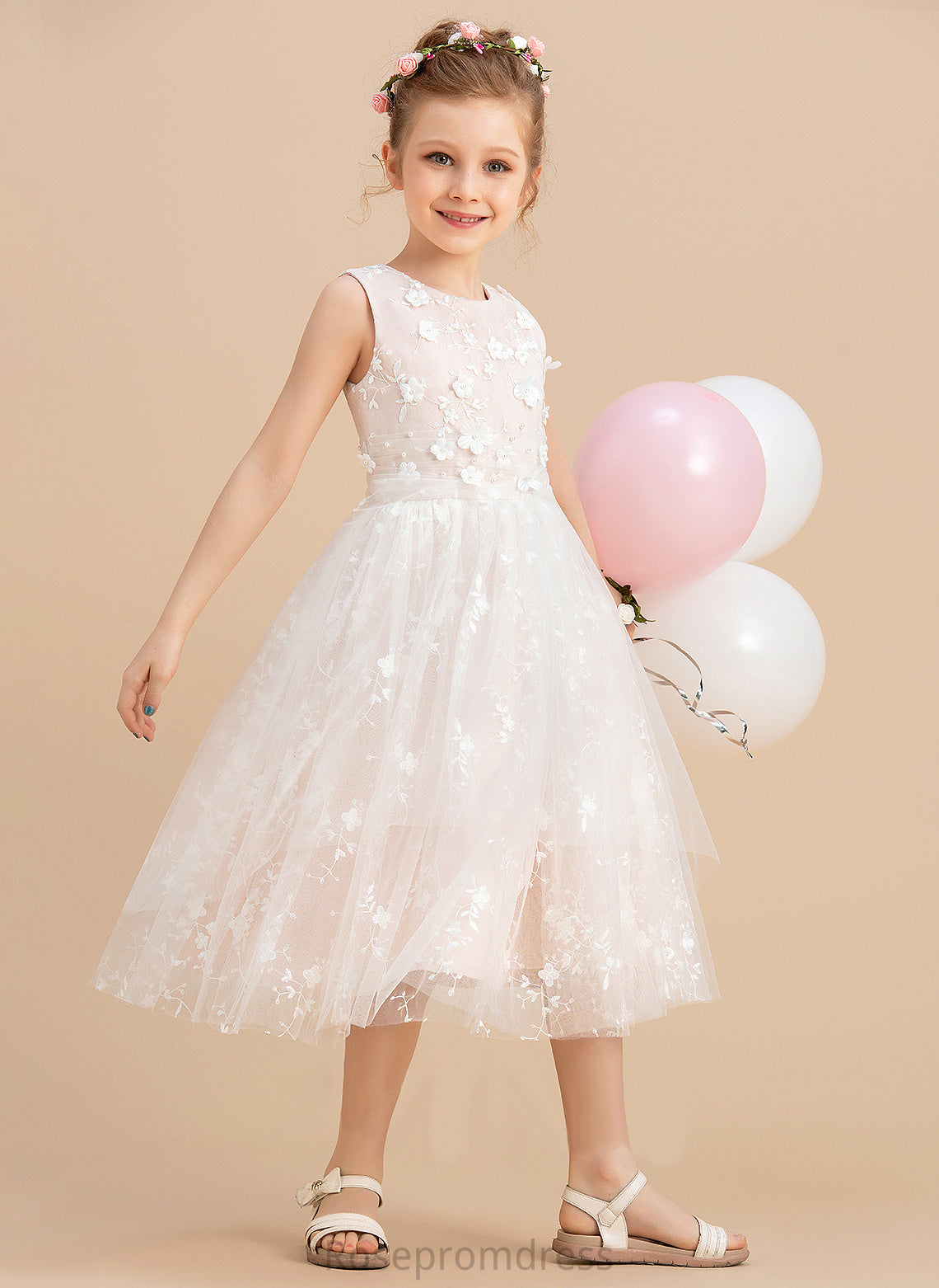 Tea-length A-Line - Girl With Neck Beading/Flower(s) Dress Sleeveless Tulle/Lace Flower Girl Dresses Alannah Scoop Flower