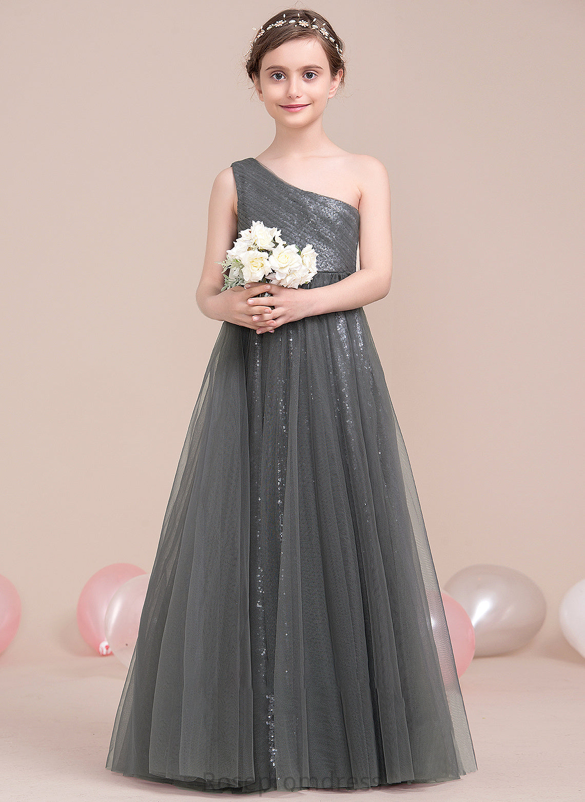 A-Line Junior Bridesmaid Dresses Tulle Ruffle Sequined One-Shoulder With Floor-Length Camille