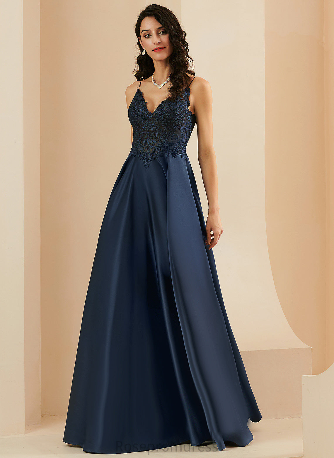 V-neck A-Line Prom Dresses Melina Lace Floor-Length