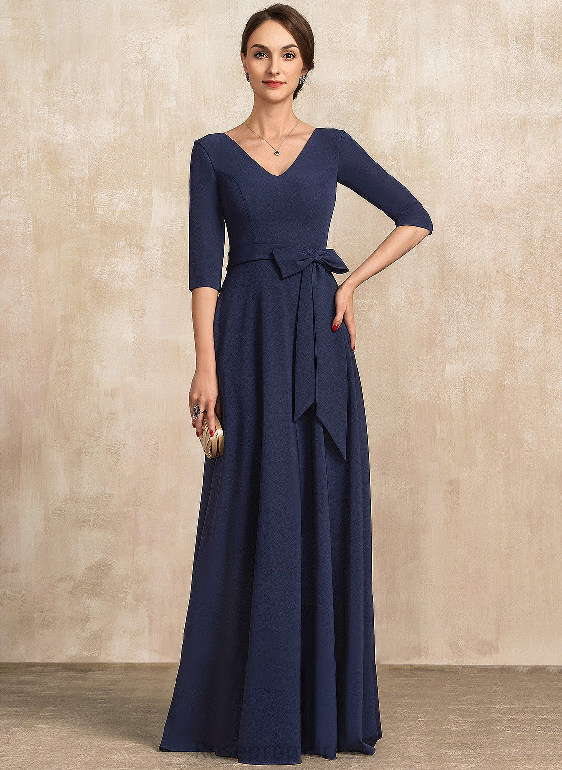 Bow(s) the With Bride Dress of V-neck Floor-Length Stretch Rosa A-Line Mother Crepe Mother of the Bride Dresses