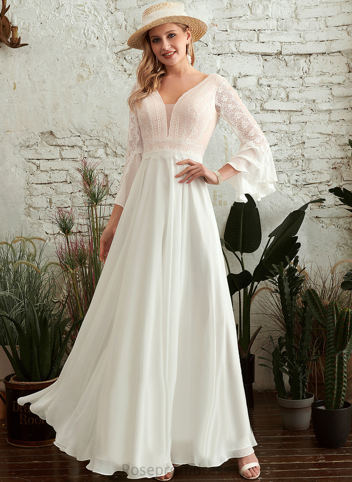 Floor-Length Wedding Lace Dress A-Line Lucile V-neck Chiffon Wedding Dresses