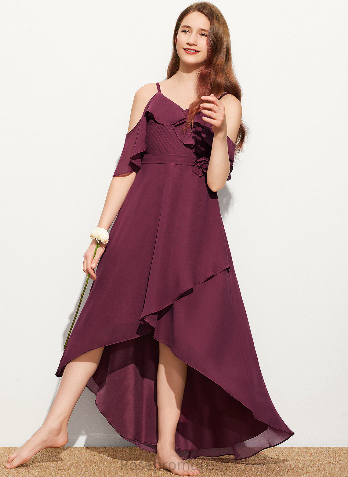 Off-the-Shoulder With Zoie Ruffles Chiffon Cascading Asymmetrical A-Line Junior Bridesmaid Dresses