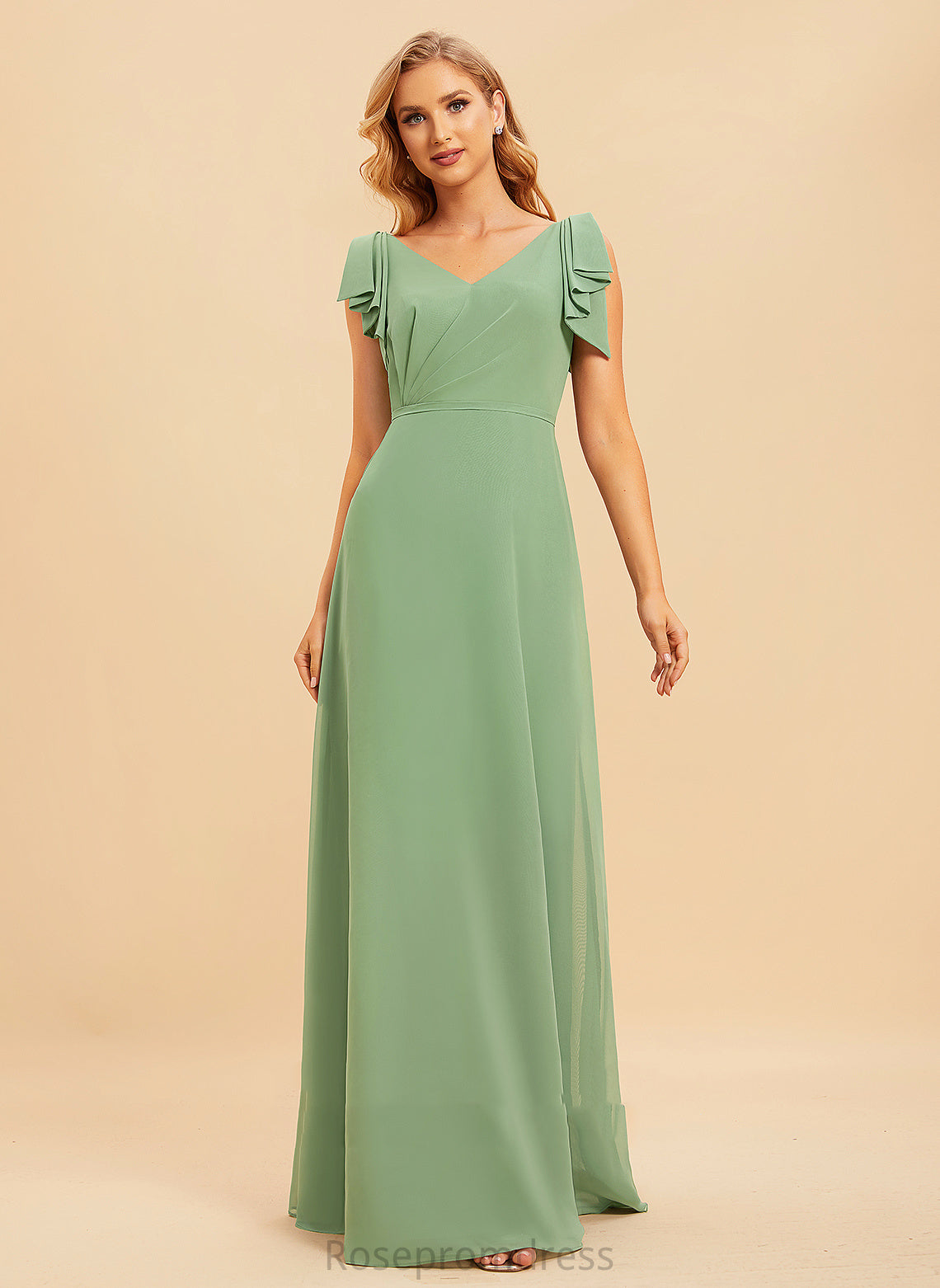 Length Fabric Silhouette Embellishment A-Line Ruffle Floor-Length Neckline V-neck Perla Bridesmaid Dresses