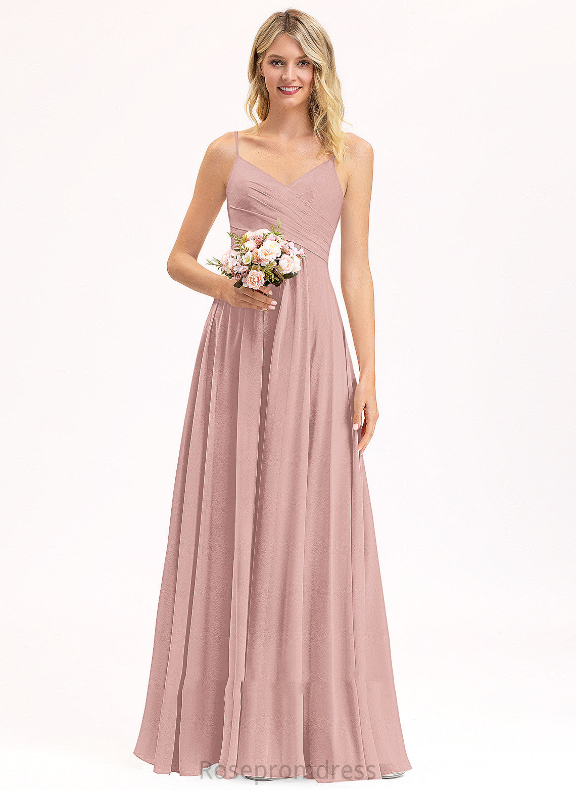 Floor-Length Embellishment Length V-neck Neckline Silhouette A-Line Fabric Ruffle Irene Natural Waist Scoop Bridesmaid Dresses