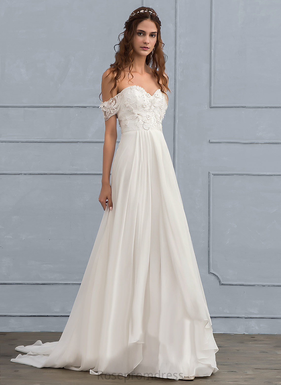 Michaelia Train Lace Flower(s) Sweep Off-the-Shoulder Wedding Dresses Dress Wedding A-Line Chiffon With Beading