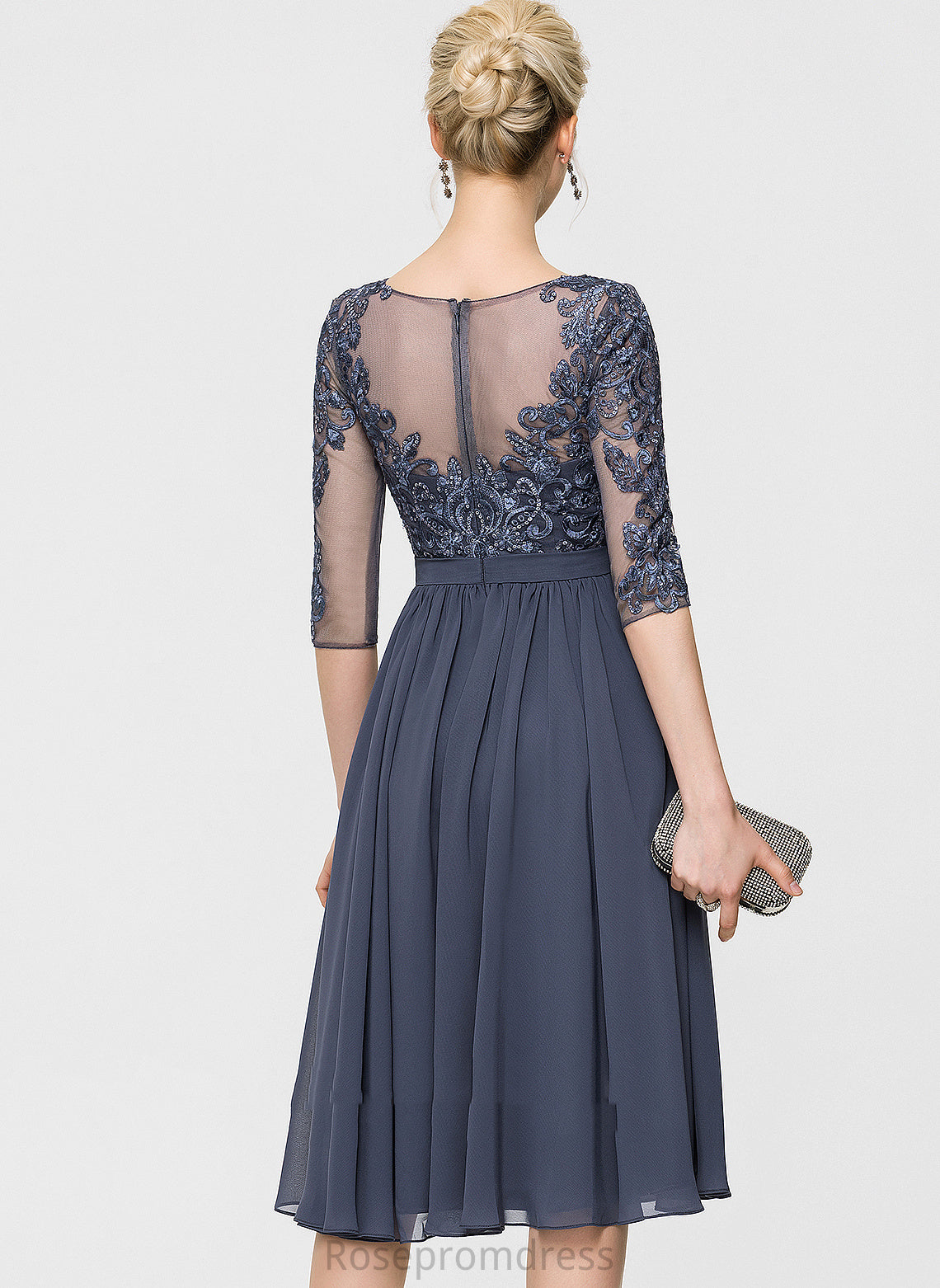 A-Line Dress Cocktail Neck Lace Cocktail Dresses With Sequins Gemma Scoop Knee-Length Chiffon