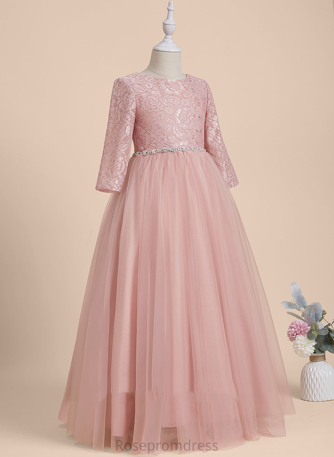 Girl Flower With Neck Beading/V Jada - A-Line Floor-length Tulle Long Flower Girl Dresses Back Sleeves Scoop Dress