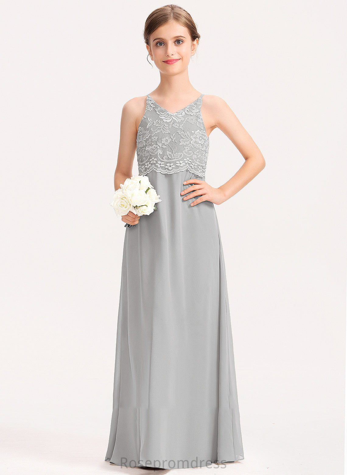 A-Line Junior Bridesmaid Dresses Janiah V-neck Chiffon Lace Floor-Length