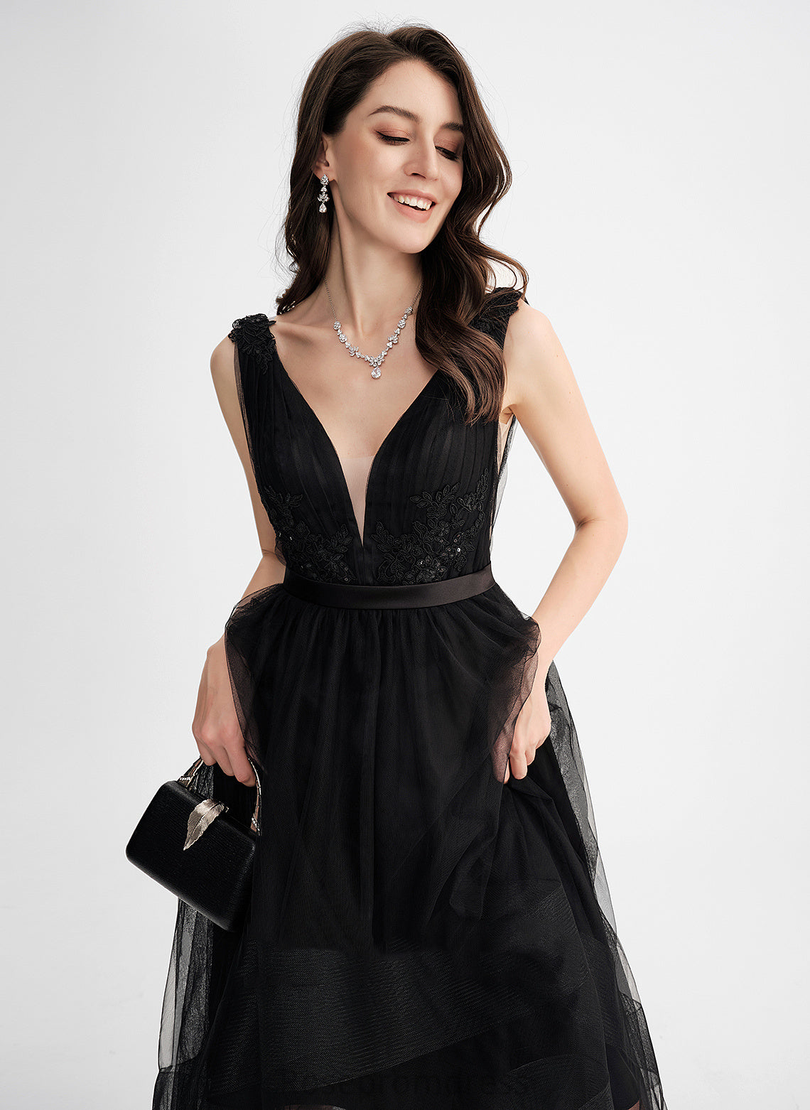 Ina Lace Cocktail With Tulle A-Line Sequins Cocktail Dresses V-neck Asymmetrical Dress