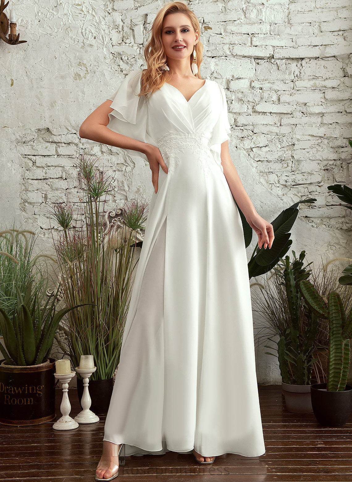 Eleanor Wedding Floor-Length Front Split V-neck Chiffon Dress Wedding Dresses A-Line Lace With