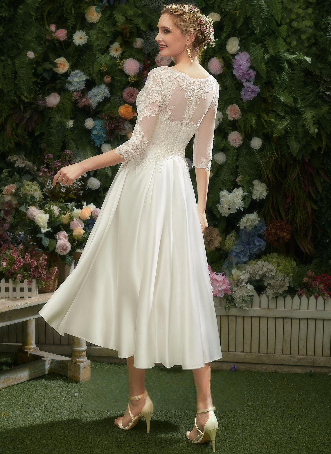 Jaqueline Lace Satin A-Line Wedding Illusion With Wedding Dresses Dress Tea-Length