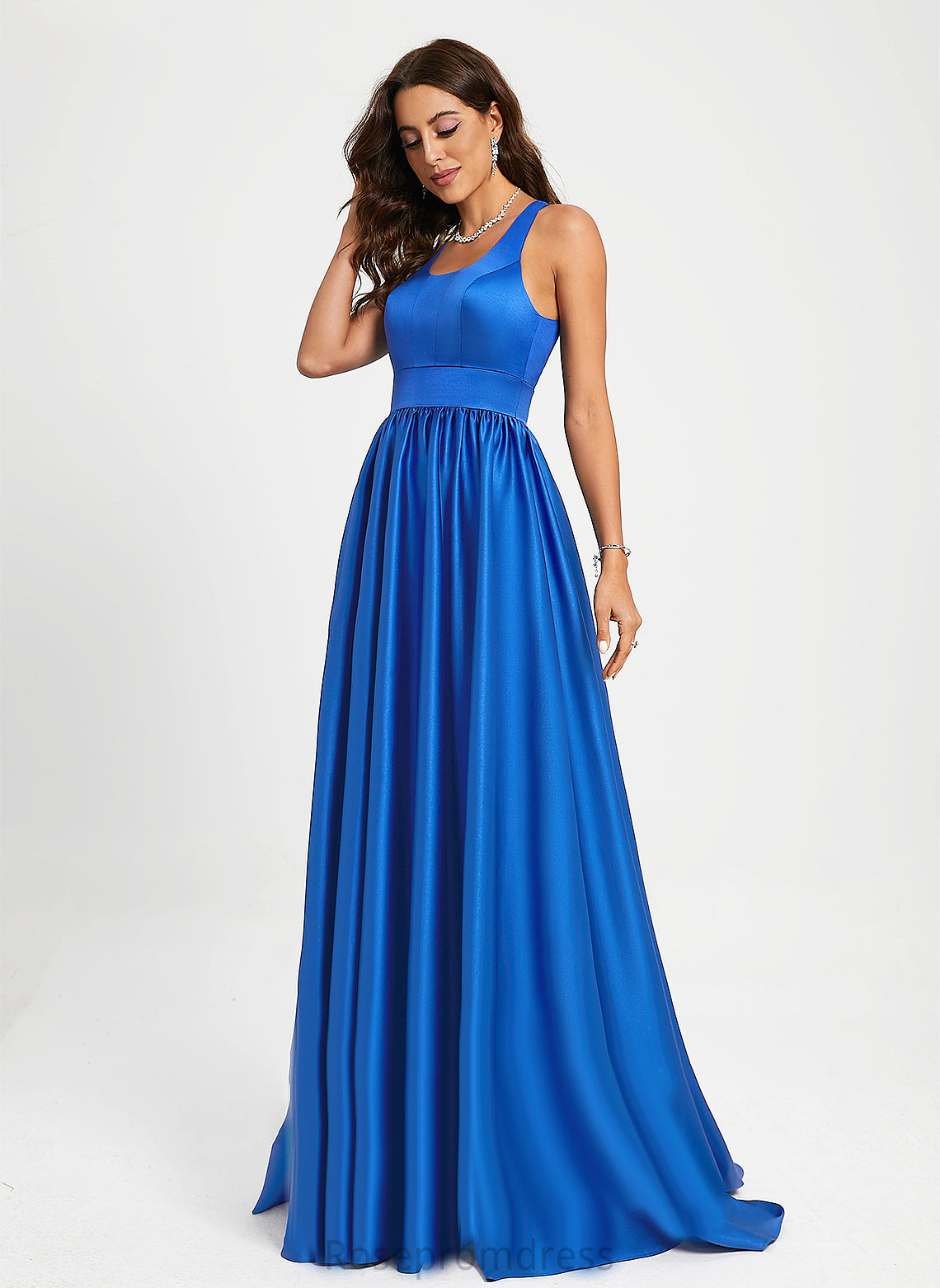 A-Line Sweep Train Scoop Satin Carlee Prom Dresses