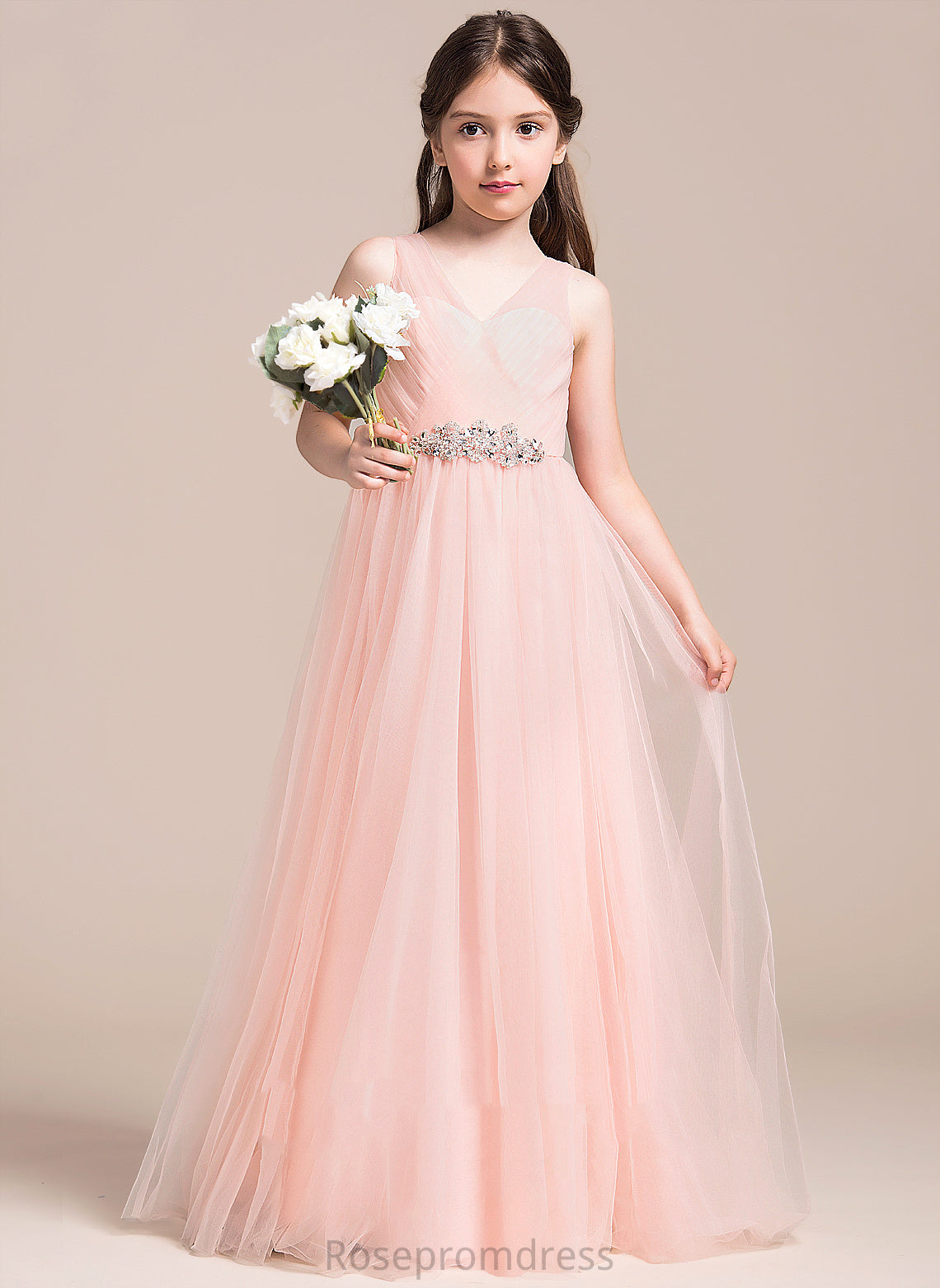 Sleeveless V-neck Dress Flower Girl Dresses Tulle Floor-length Flower With Girl Ruffles/Beading/Sequins - Nora A-Line