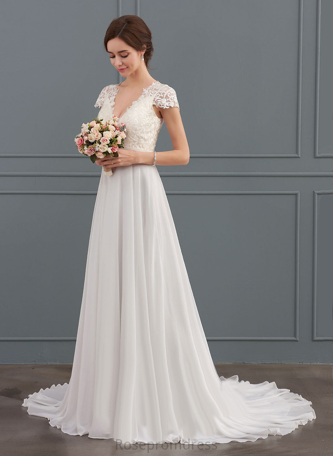 With Chiffon V-neck Lace Sweep Dress Izabelle Train A-Line Ruffle Wedding Dresses Wedding