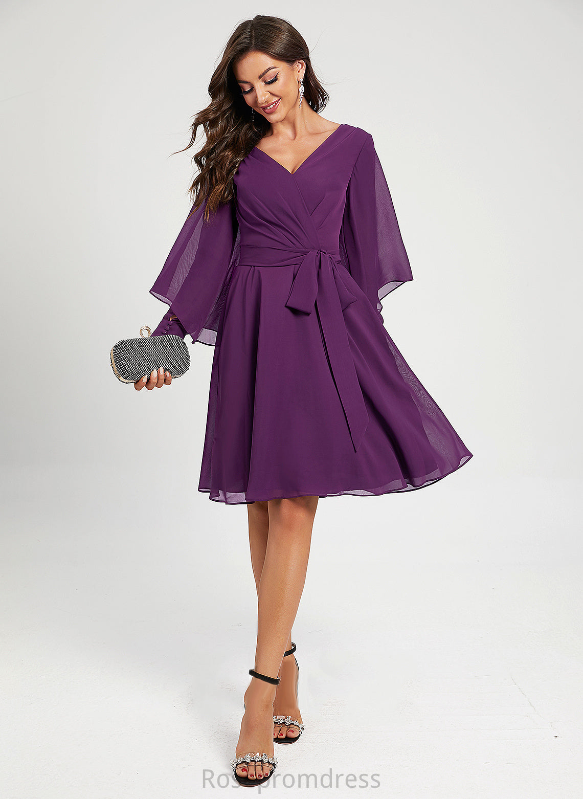 V-neck Sash Dylan Knee-Length Pleated Chiffon Cocktail Dresses A-Line With Cocktail Dress