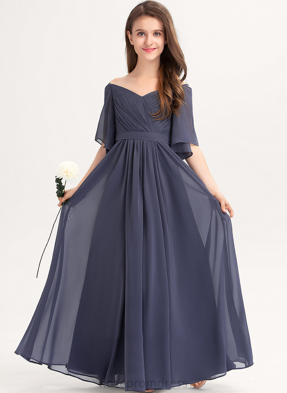 Bow(s) Junior Bridesmaid Dresses Off-the-Shoulder Floor-Length Ruffle Lilith With Chiffon A-Line