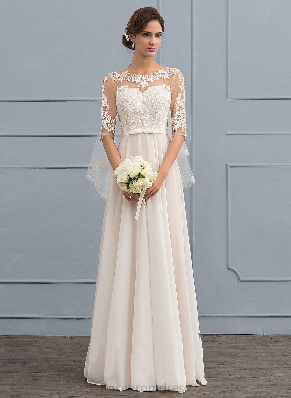 Morgan Lace Bow(s) Beading Illusion Dress Sequins Floor-Length Wedding Dresses A-Line With Wedding Chiffon