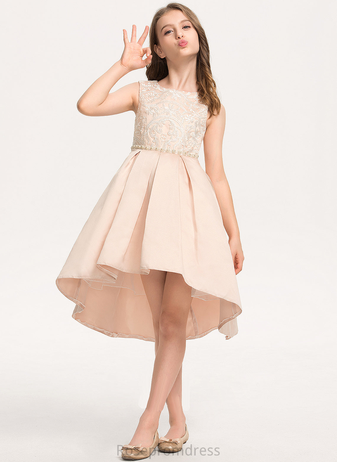 Pockets Asymmetrical A-Line Satin Lace Neck Junior Bridesmaid Dresses Scoop Beading With Mary