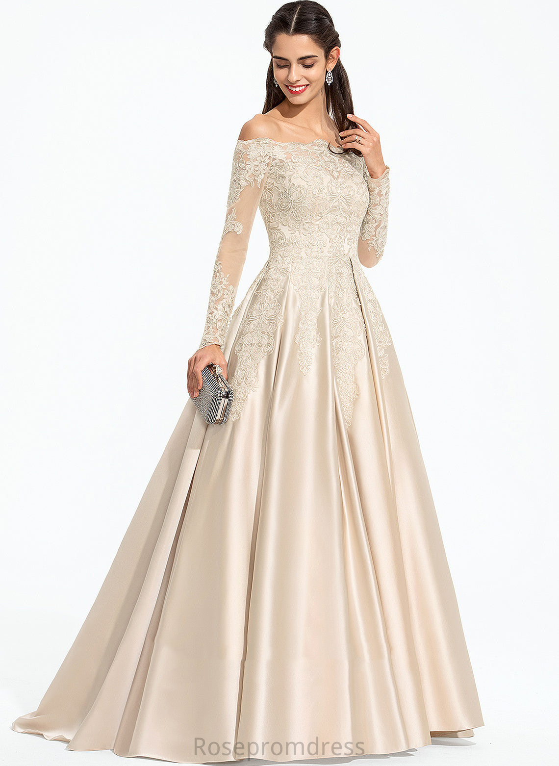 Off-the-Shoulder Sequins Ball-Gown/Princess Vicky Sweep Train Lace Satin With Prom Dresses