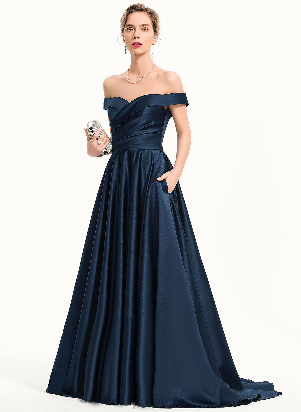 Train Satin A-Line Prom Dresses Off-the-Shoulder Nataly Sweep