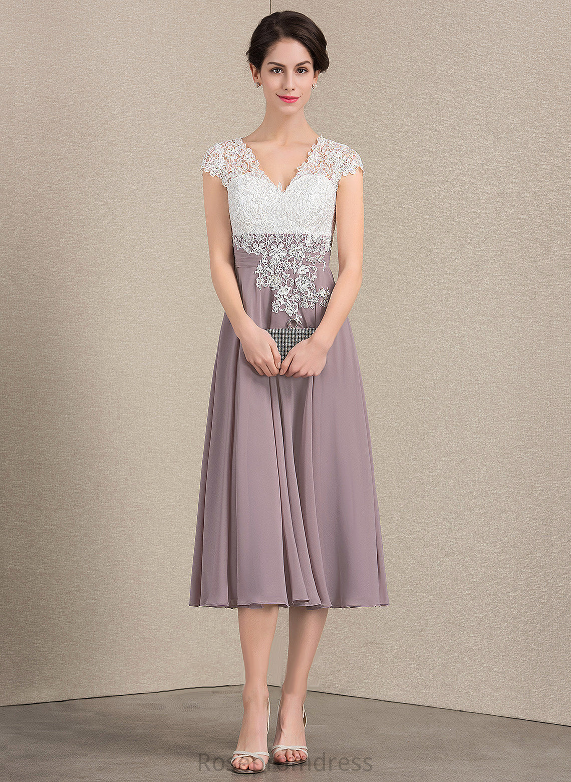 A-Line Mother of the Bride Dresses Viviana of Tea-Length the Lace Chiffon Mother Bride Dress V-neck