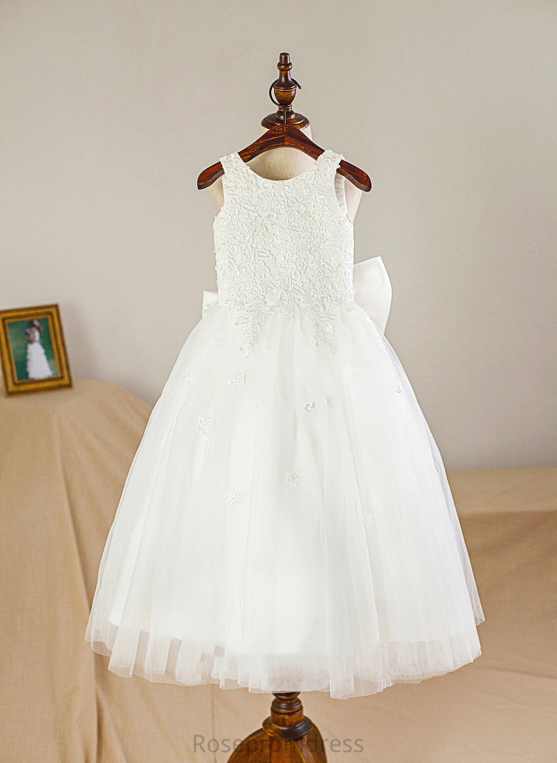 With Neck Girl Flower Girl Dresses A-Line Sleeveless Scoop Bow(s) - Satin/Tulle Tea-length Flower Dress Danika