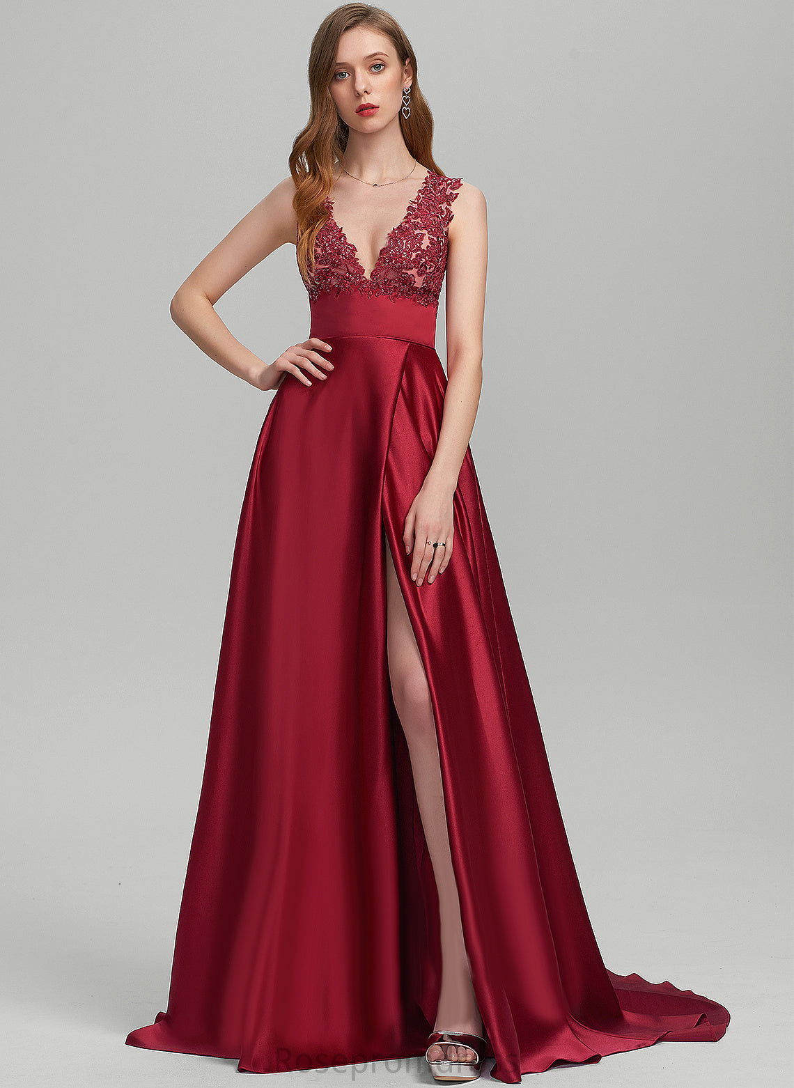 Satin Lace V-neck With Sweep Prom Dresses Ball-Gown/Princess Train Sequins Logan