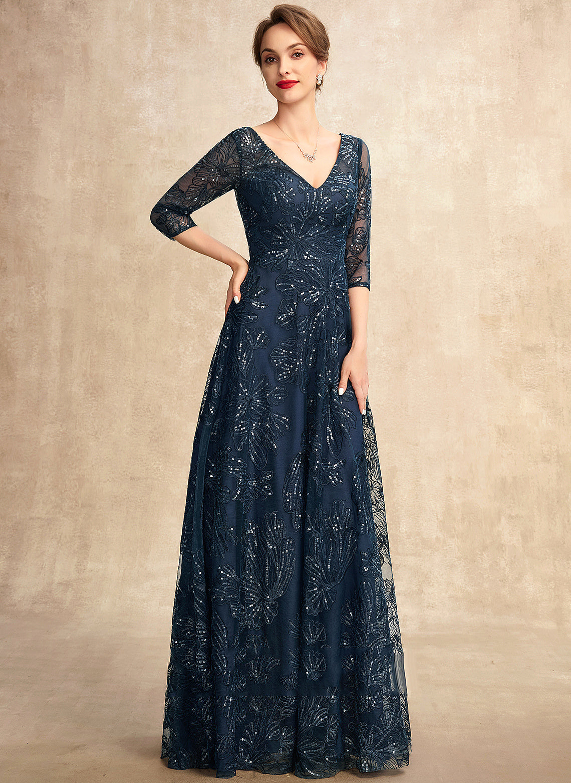 Mother of the Bride Dresses With Lace A-Line Mother Floor-Length Dress Sequins of Marley V-neck Bride the