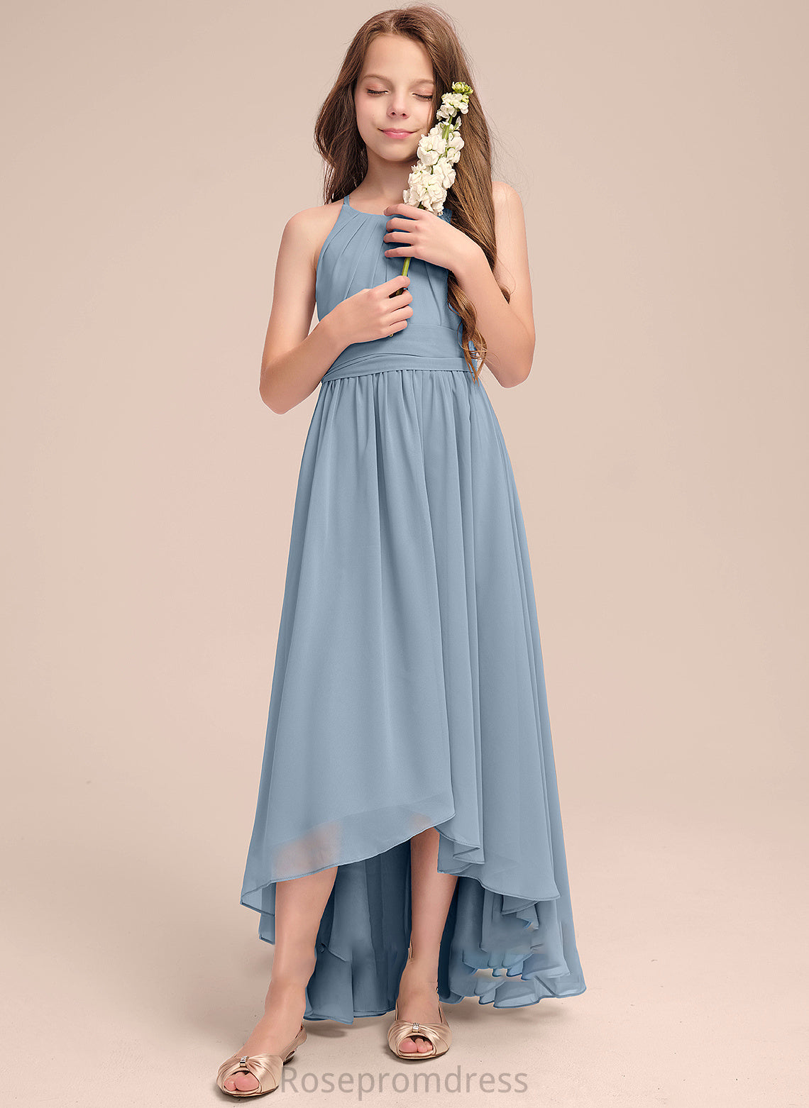 Asymmetrical Junior Bridesmaid Dresses With Ruffle A-Line Neck Chiffon Scoop Persis Bow(s)