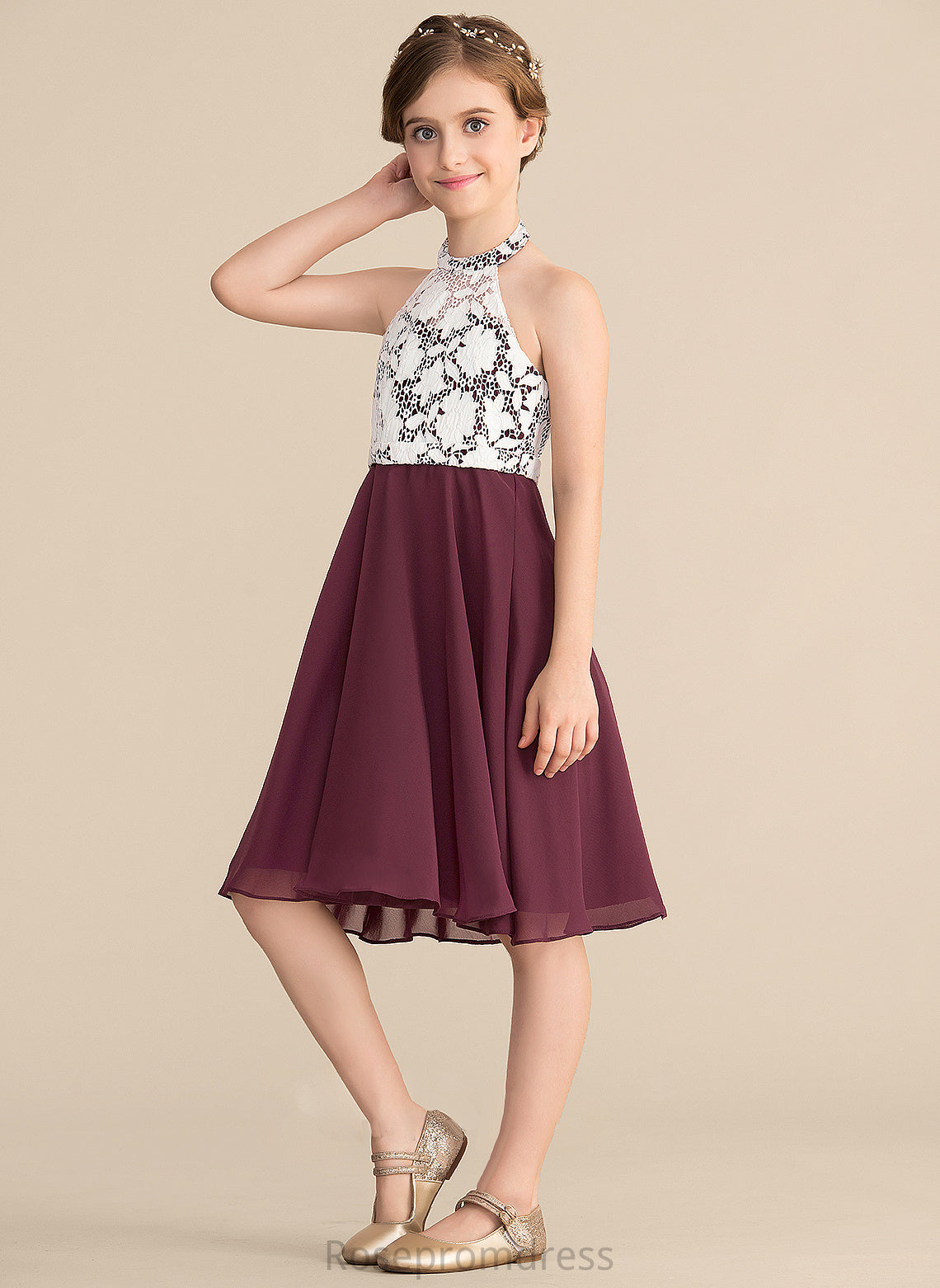 A-Line Scoop Neck Chiffon Jacquelyn Knee-Length Junior Bridesmaid Dresses Lace