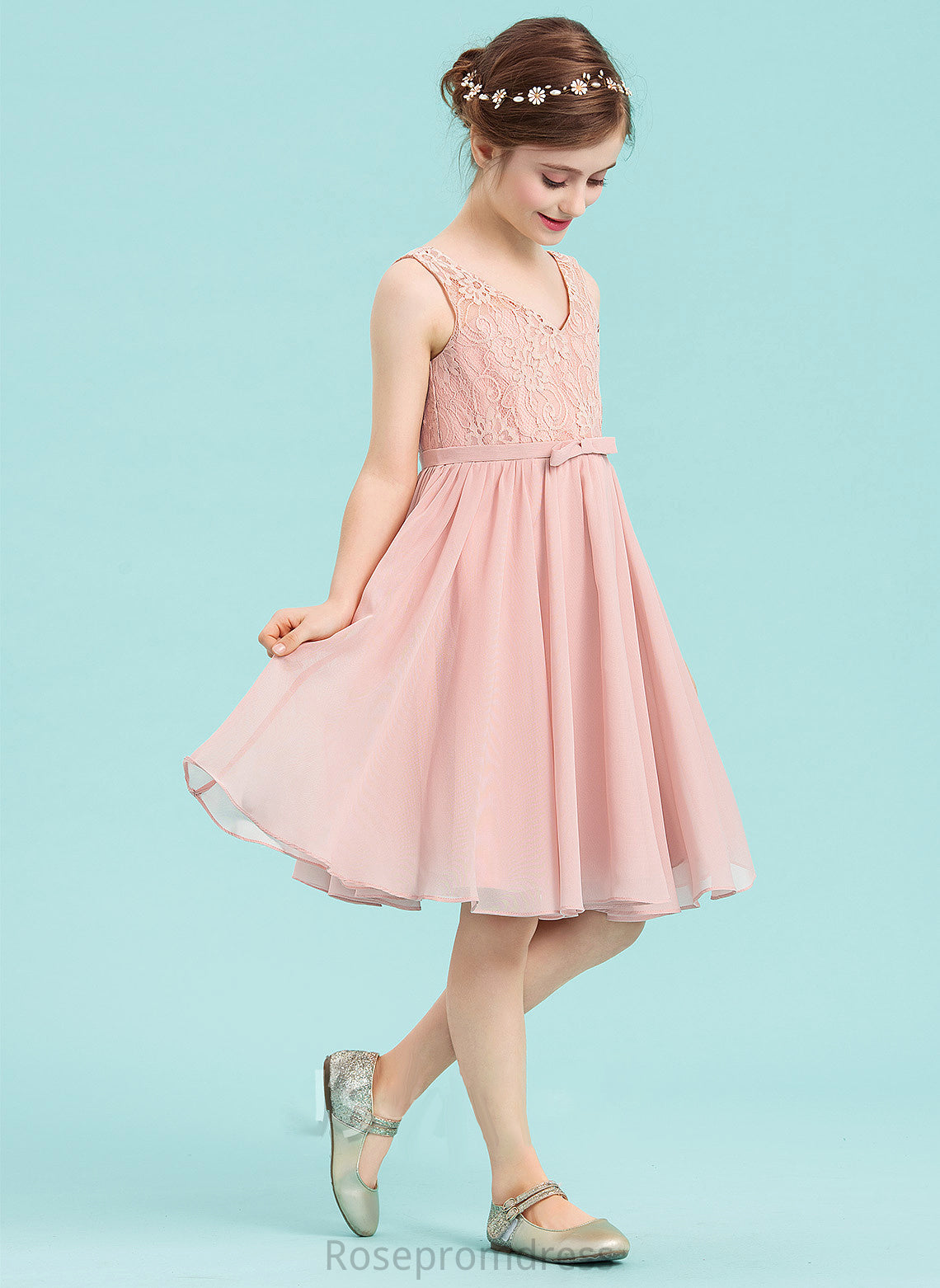 A-Line With Knee-Length Chiffon Bow(s) Junior Bridesmaid Dresses Wendy V-neck