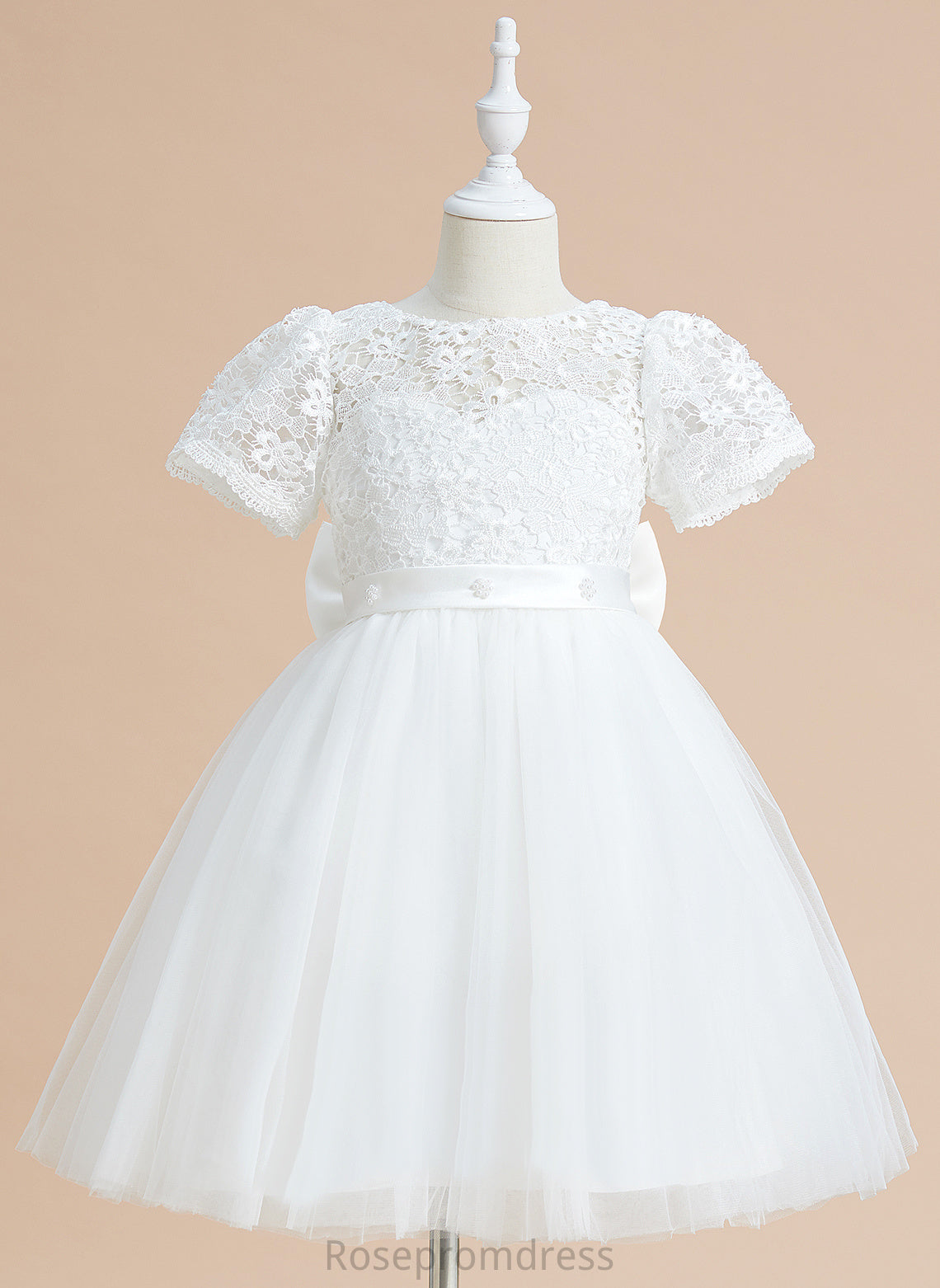 Short Anastasia Girl Tulle/Lace Dress Flower Bow(s) With A-Line Knee-length Scoop Sleeves Neck Flower Girl Dresses