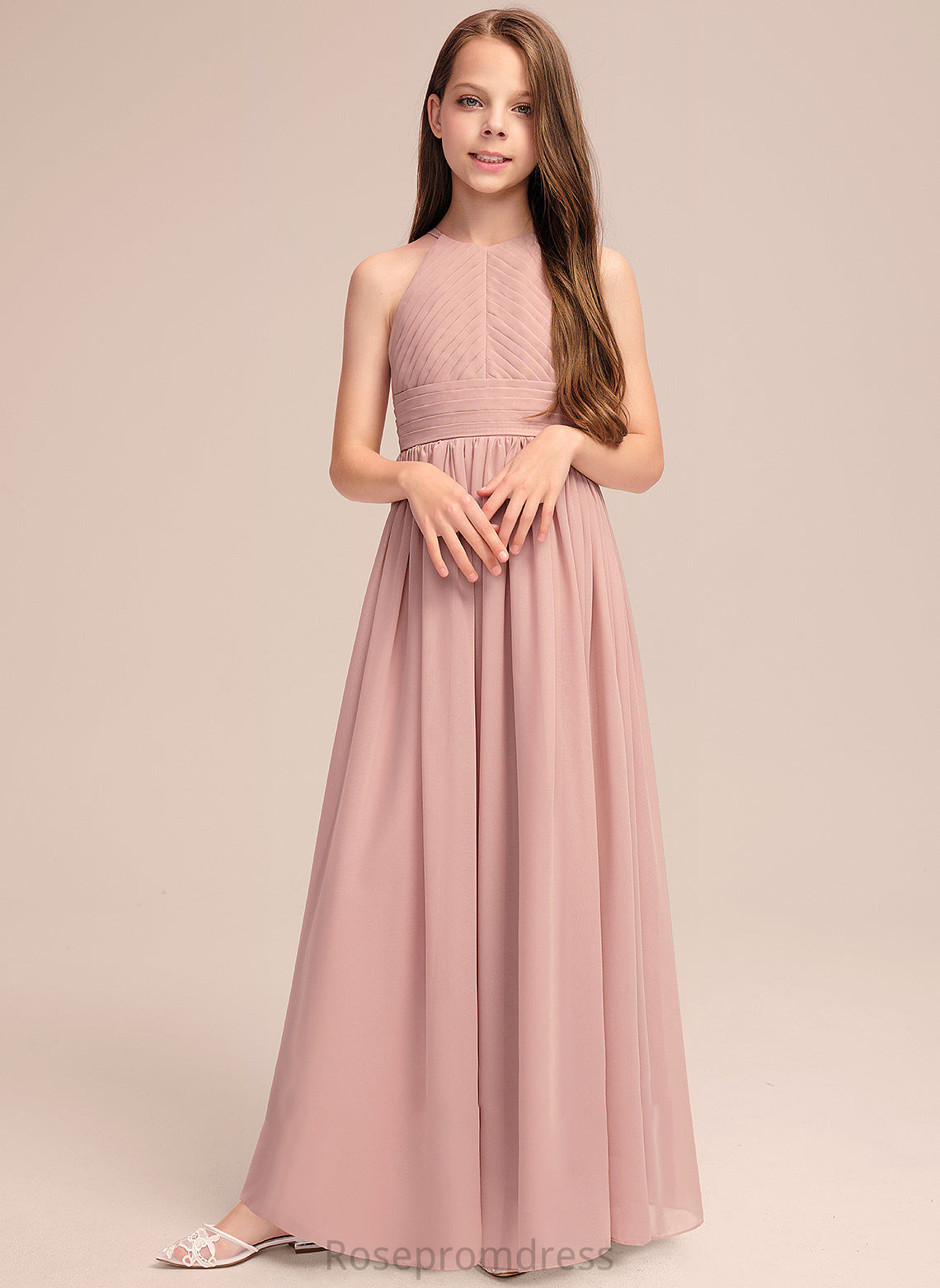 Junior Bridesmaid Dresses Floor-Length Angela With Ruffle Neck A-Line Scoop Chiffon