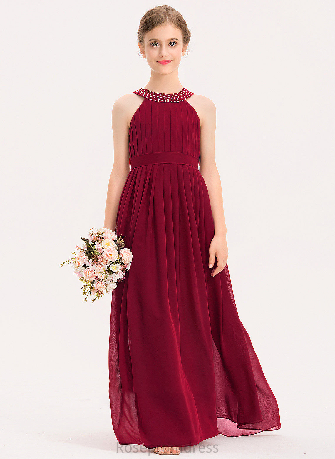 Floor-Length Bow(s) Kassidy With Beading Neck Scoop Ruffle Chiffon Junior Bridesmaid Dresses A-Line