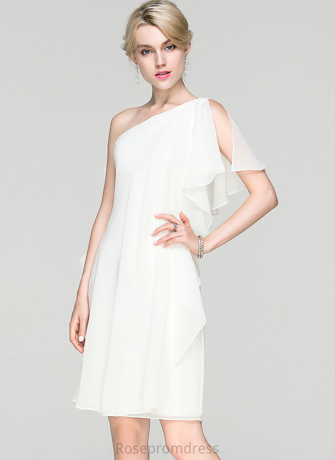 Briana Chiffon Knee-Length Ruffle One-Shoulder Cocktail Cocktail Dresses Dress With Sheath/Column