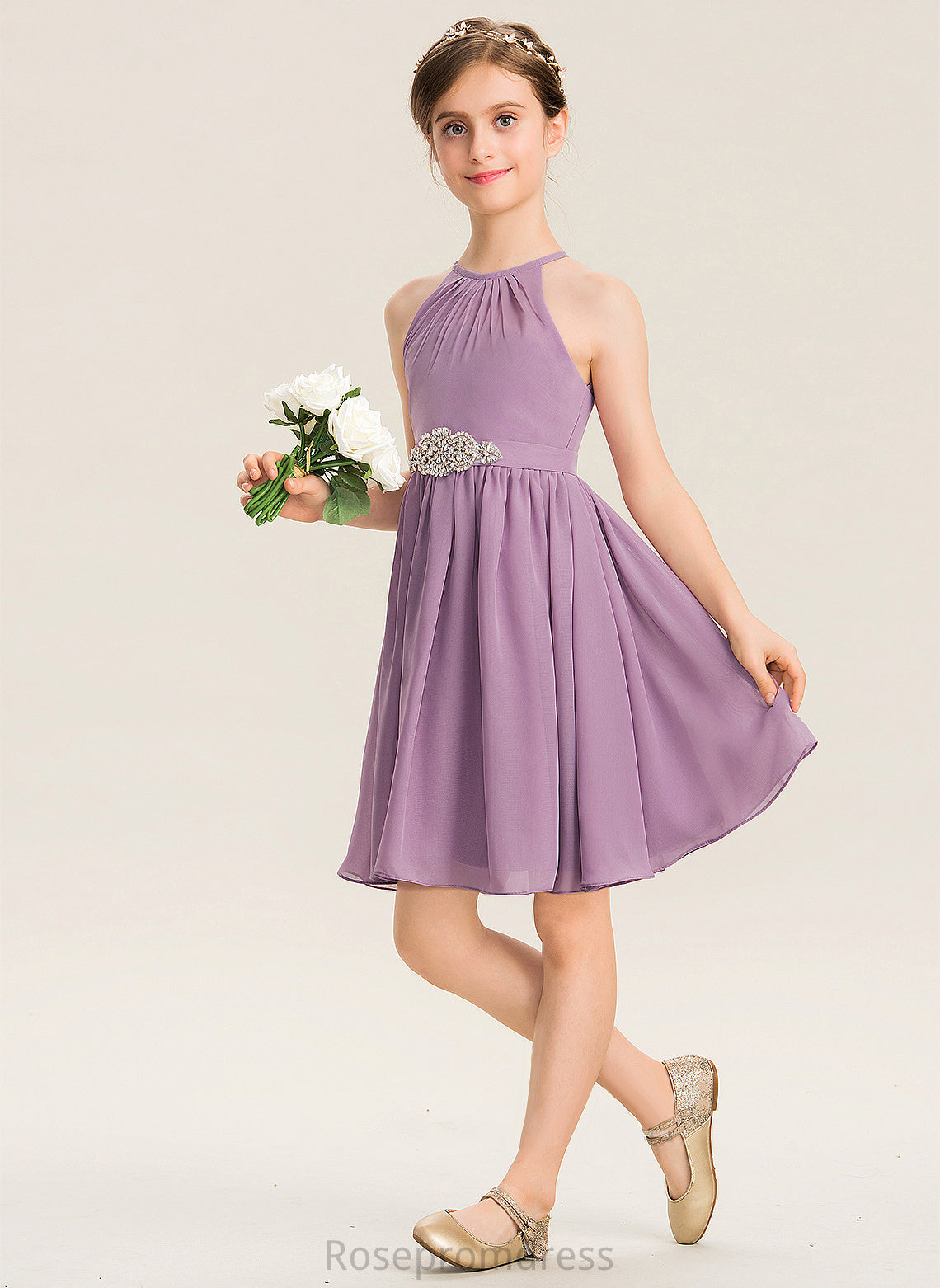 Junior Bridesmaid Dresses With Aryanna Beading Chiffon Ruffle Neck Knee-Length Scoop A-Line