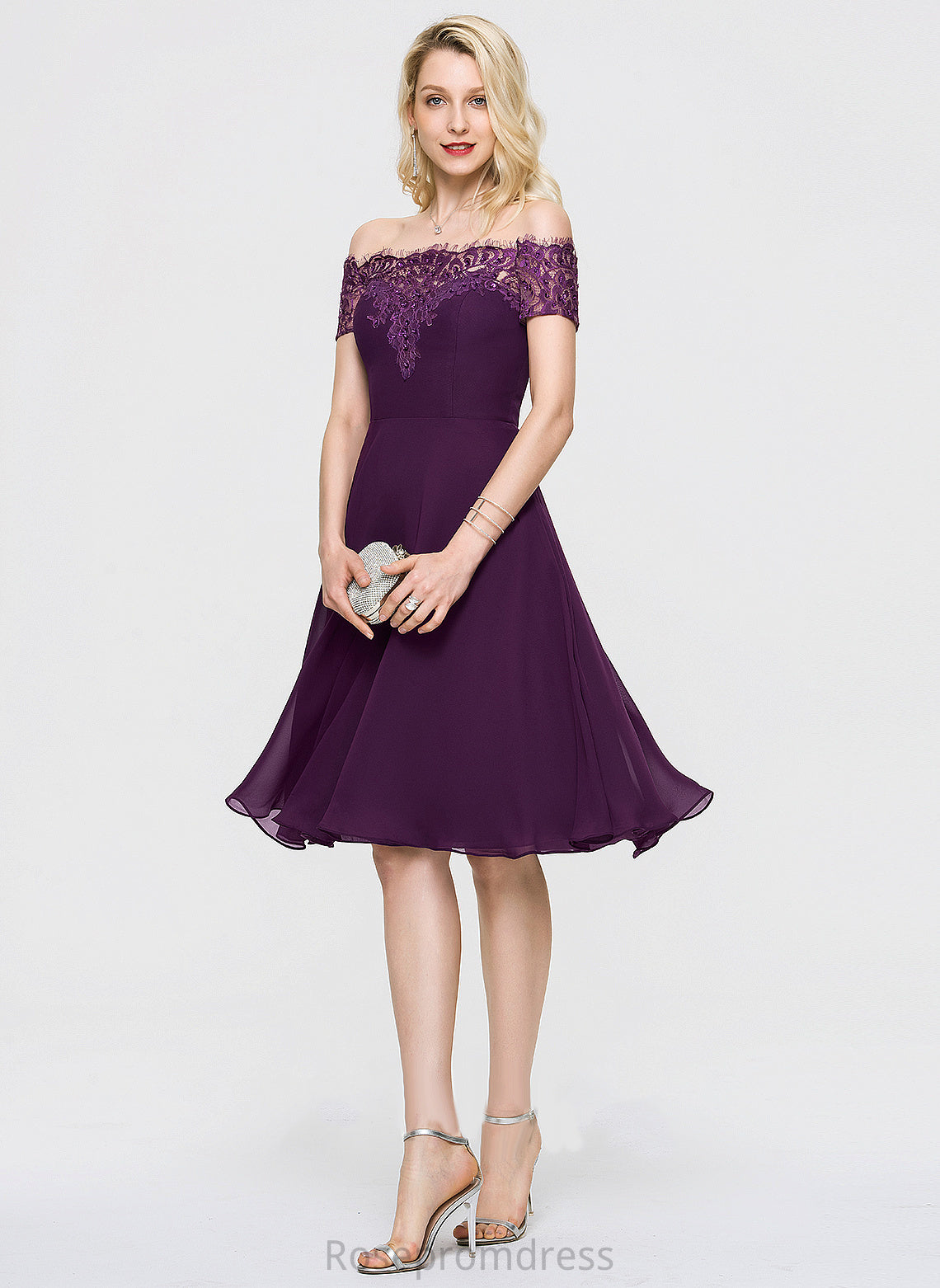 Nydia A-Line Off-the-Shoulder Dress Lace Beading Homecoming Dresses Knee-Length With Homecoming Chiffon