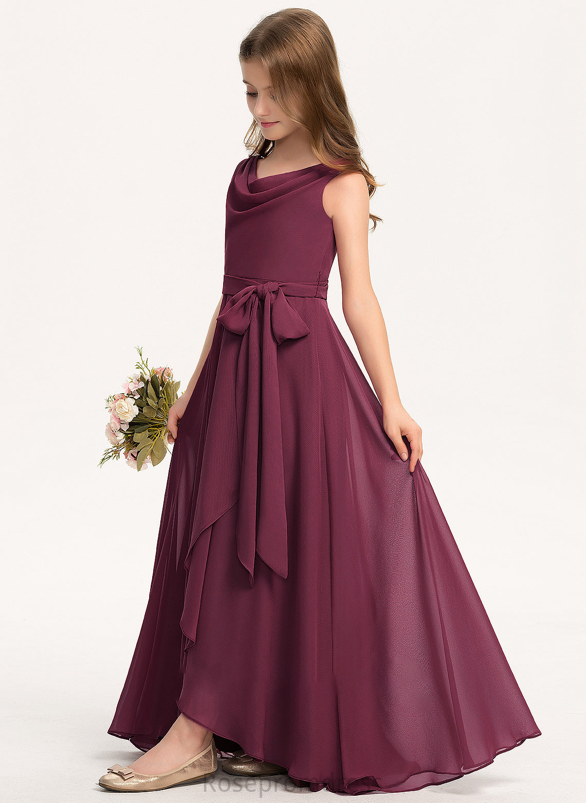 Neck Cowl Asymmetrical Chiffon Azaria Bow(s) A-Line With Junior Bridesmaid Dresses